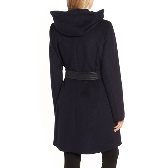Cole Haan Wool Blend Hooded Coat Oversized Collar Removable Belt Black 6 - Picture 4 of 15